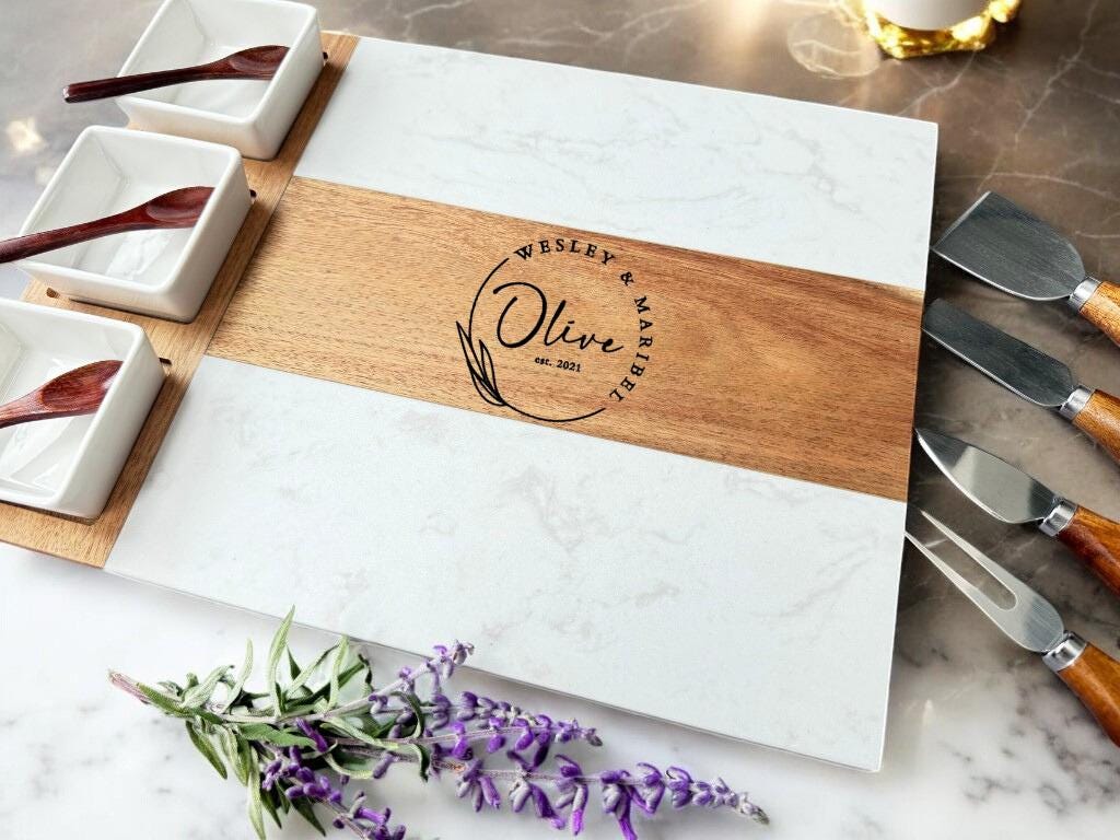 Personalized Custom Marble Wood Charcuterie Cheese Board Set, Engagement, Wedding, Housewarming, Realtor, Corporate & Christmas Gifts