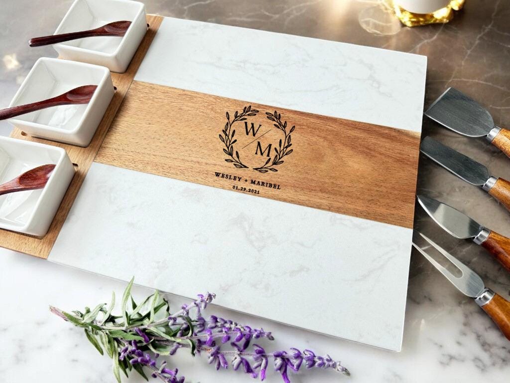 Personalized Custom Marble Wood Charcuterie Cheese Board Set, Engagement, Wedding, Housewarming, Realtor, Corporate & Christmas Gifts
