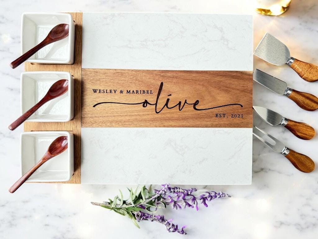 Personalized Custom Marble Wood Charcuterie Cheese Board Set, Engagement, Wedding, Housewarming, Realtor, Corporate & Christmas Gifts