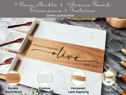 Personalized Custom Marble Wood Charcuterie Cheese Board Set, Engagement, Wedding, Housewarming, Realtor, Corporate & Christmas Gifts