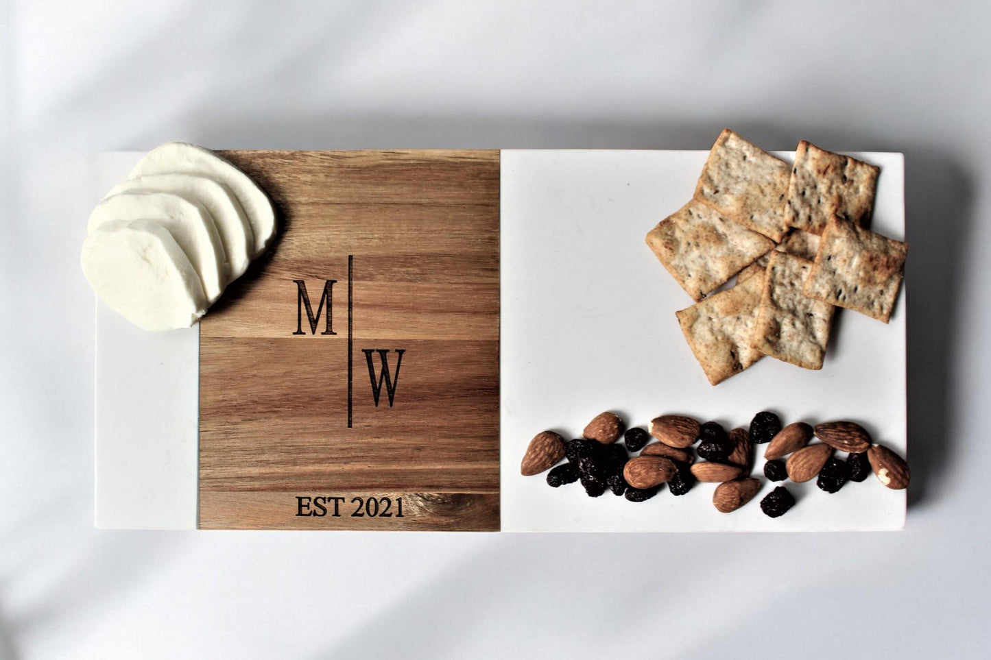 Minimalist Personalized Marble & Wood Charcuterie Board For Bridal Shower, Wedding, Engagement, Birthday, Thank You, Corporate, Housewarming