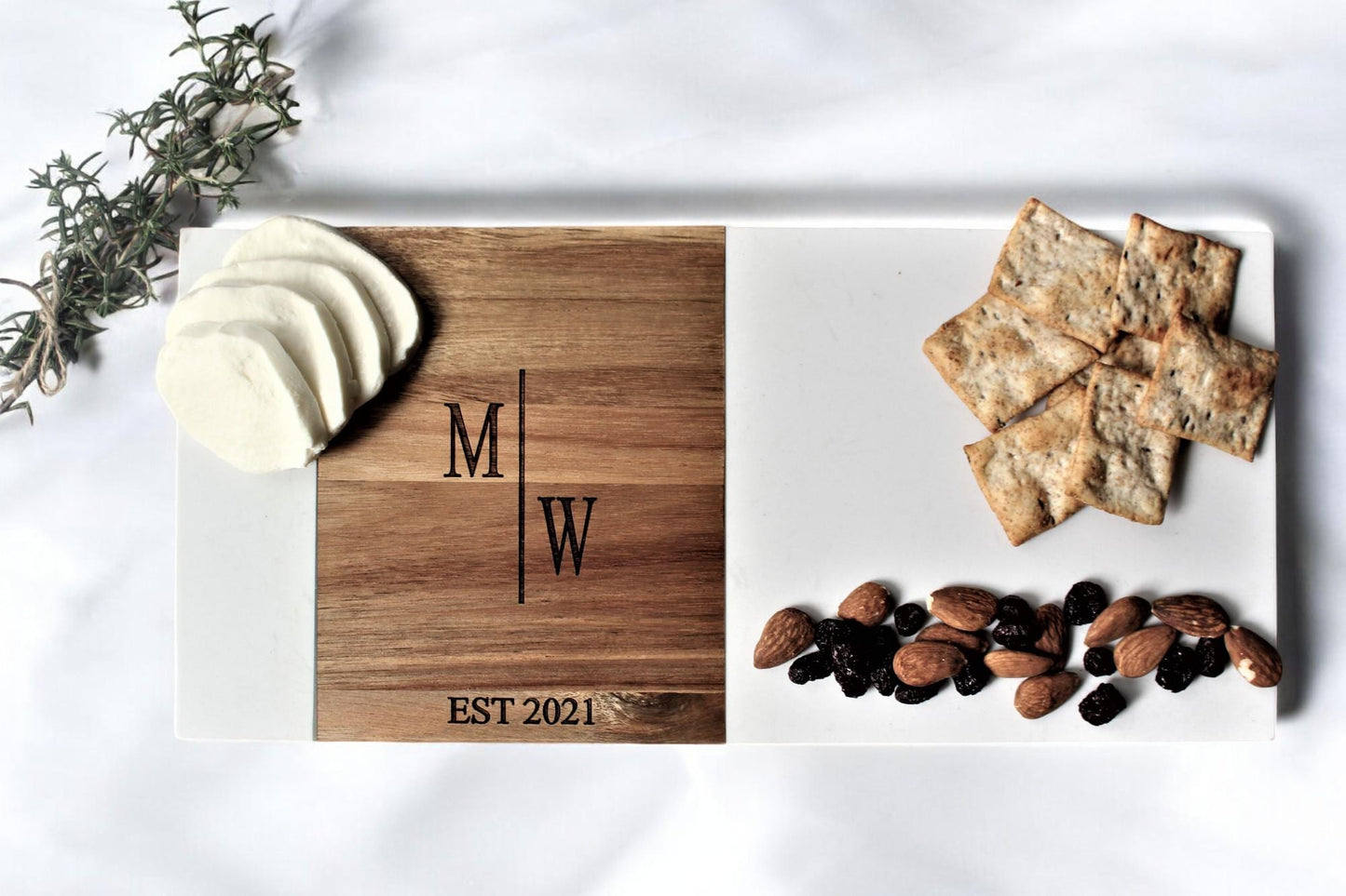 Minimalist Personalized Marble & Wood Charcuterie Board For Bridal Shower, Wedding, Engagement, Birthday, Thank You, Corporate, Housewarming