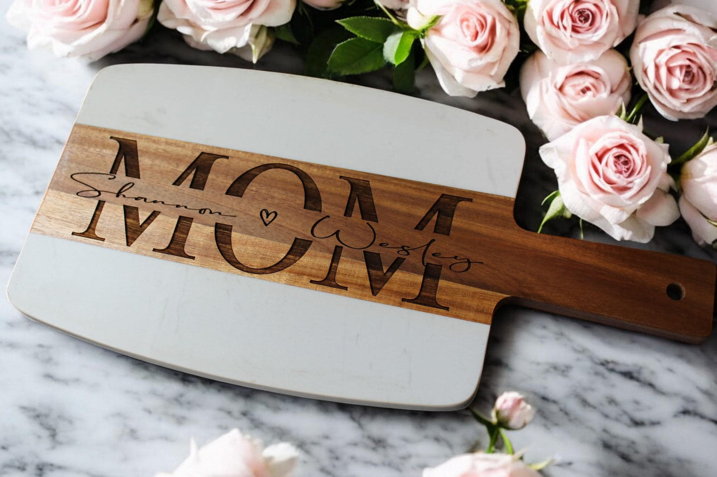 Personalized Mothers Day Gift - MOM or MAMA Marble Wood Charcuterie Cheese Serving Board