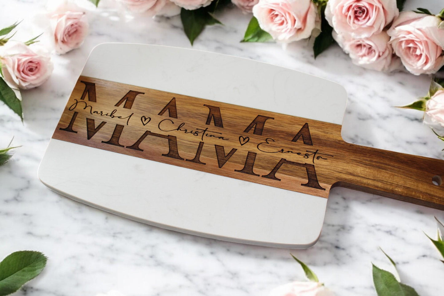 Personalized Mothers Day Gift - MOM or MAMA Marble Wood Charcuterie Cheese Serving Board
