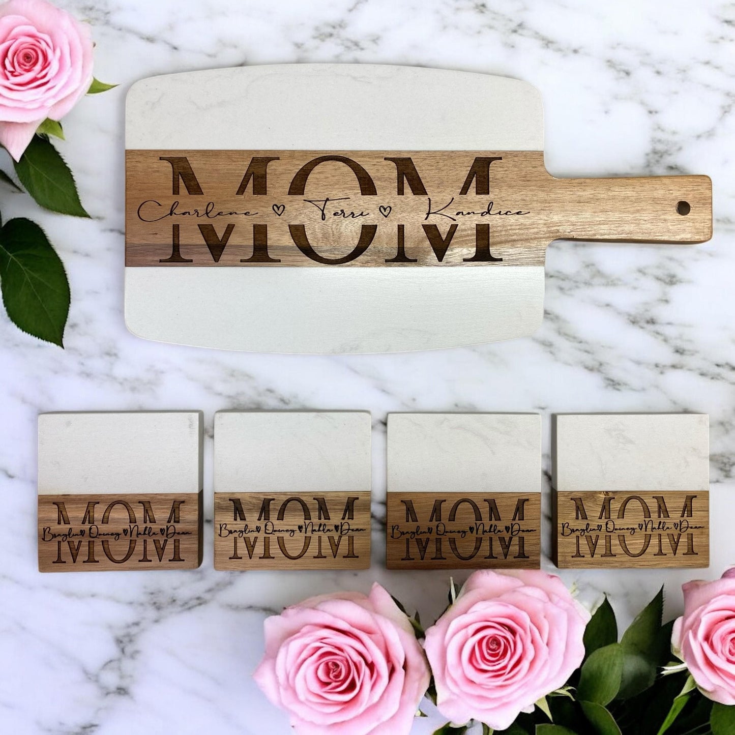 Personalized Mothers Day Gift - MOM or MAMA Marble Wood Charcuterie Cheese Serving Board