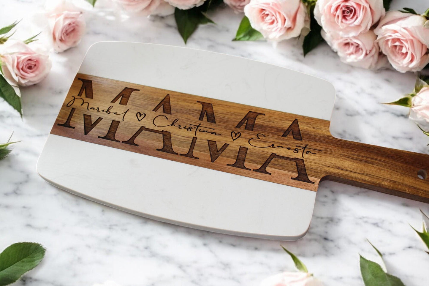 Personalized Mothers Day Gift - MOM or MAMA Marble Wood Charcuterie Cheese Serving Board *Ships Next Day
