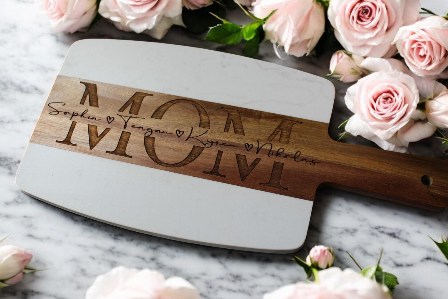 Personalized Mothers Day Gift - MOM or MAMA Marble Wood Charcuterie Cheese Serving Board *Ships Next Day