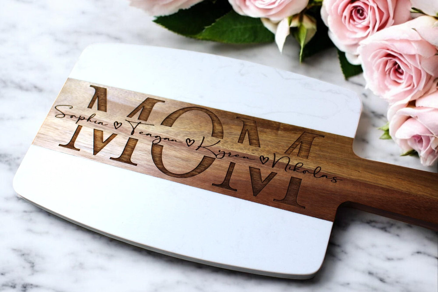 Personalized Mothers Day Gift - MOM or MAMA Marble Wood Charcuterie Cheese Serving Board